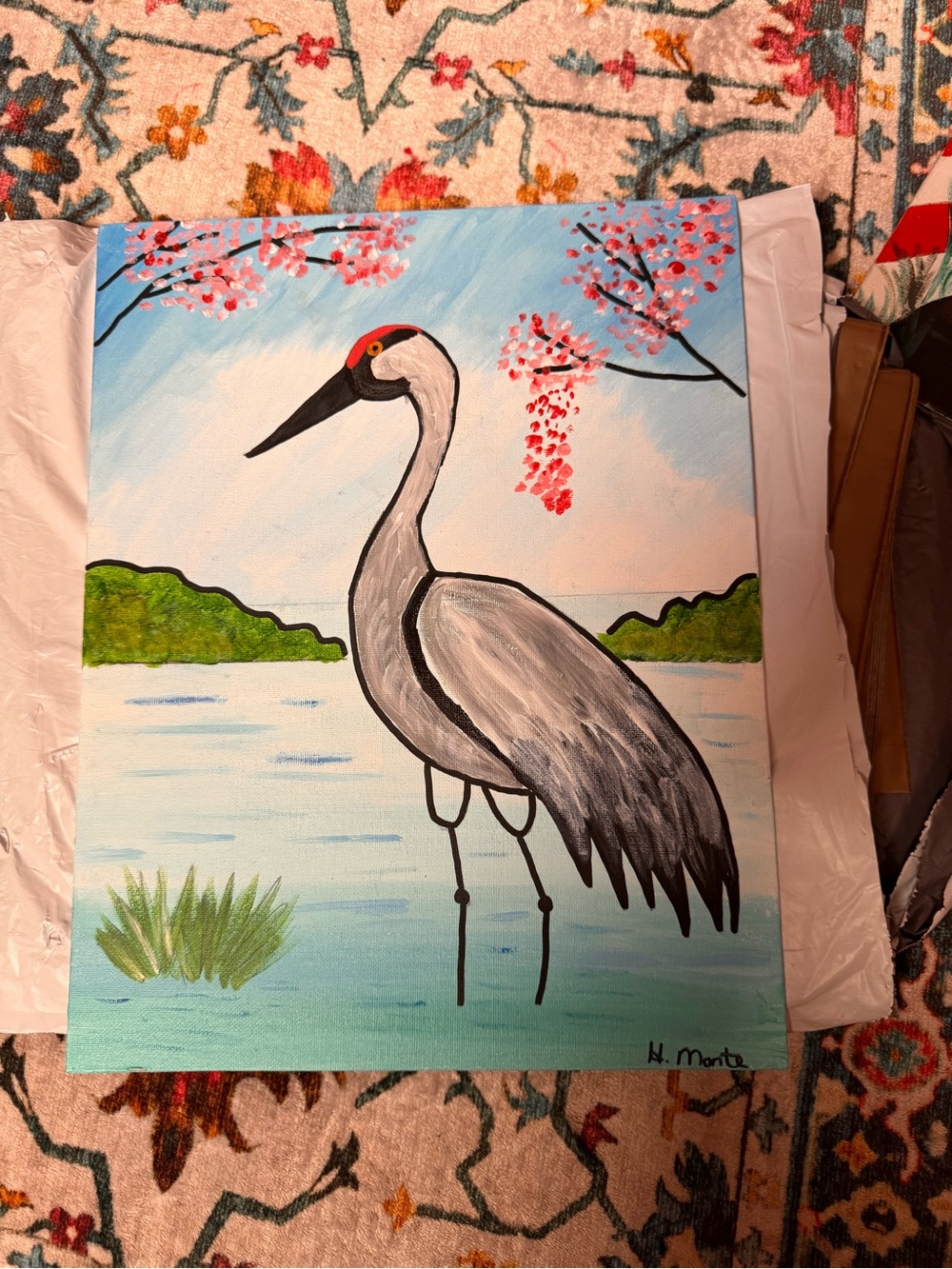 Hand-Painted Crane Canvas Art - Gray & Blue